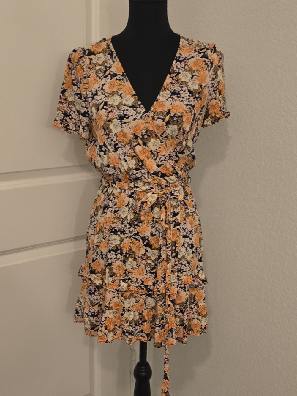 As U Wish Peach and Navy Floral Wrap Mini Dress